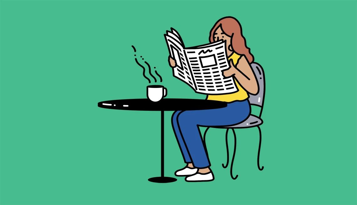 Read the newspaper Illustration of woman sitting at table reading newspaper; cup of coffee in front of her