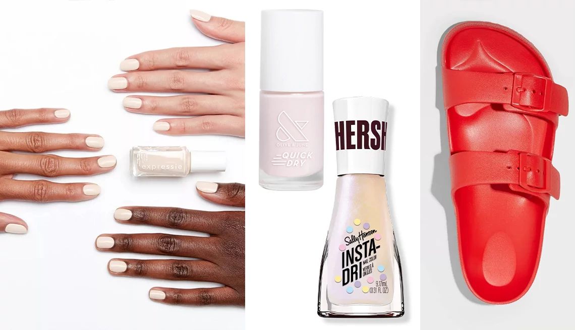 The Worst Beach Day Mistakes for Women Over 50 hands modeling summery manicures, two bottles of nail polish and a bright red beach sandal