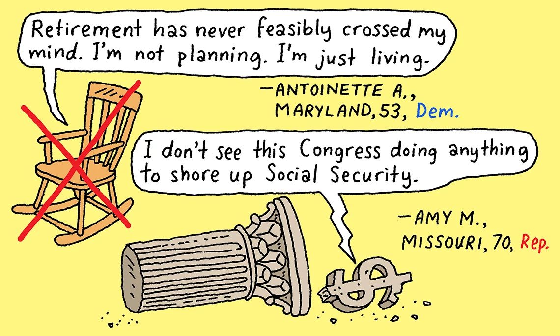 Women 50+ Weigh in on Health Care, Retirement, Costs in 2025 an empty chair and a broken pillar with a cracked dollar sign