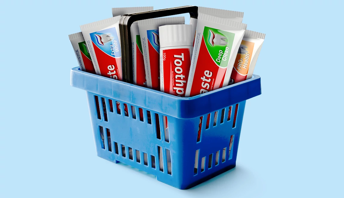 Save with bulk deals A shopping basket full of toothpaste