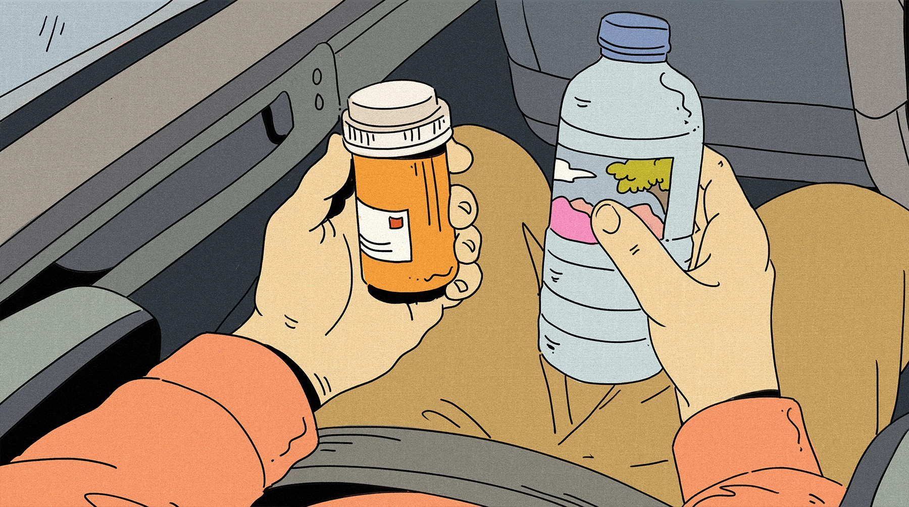 an illustration of a person holding a medicine bottle and bottle of water