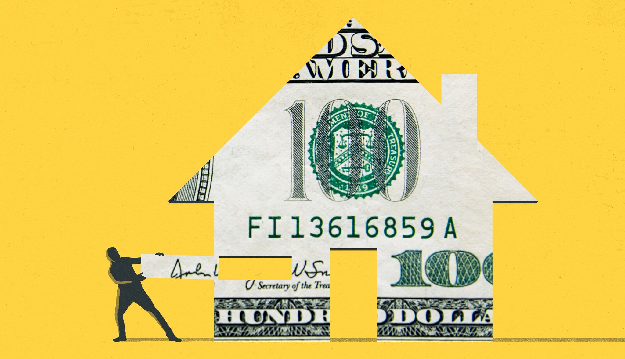 What Is a Reverse Mortgage? A house shaped like money with someone pulling a part of the money out