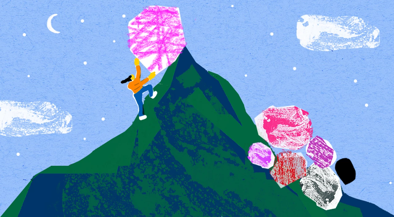 illustration of woman pushing a big rock on a hill, resilience
