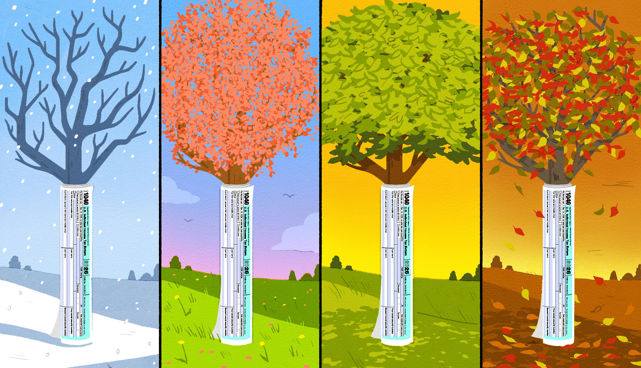 Tax forms are wrapped around four trees, each representing a different season: winter, spring, summer, fall.