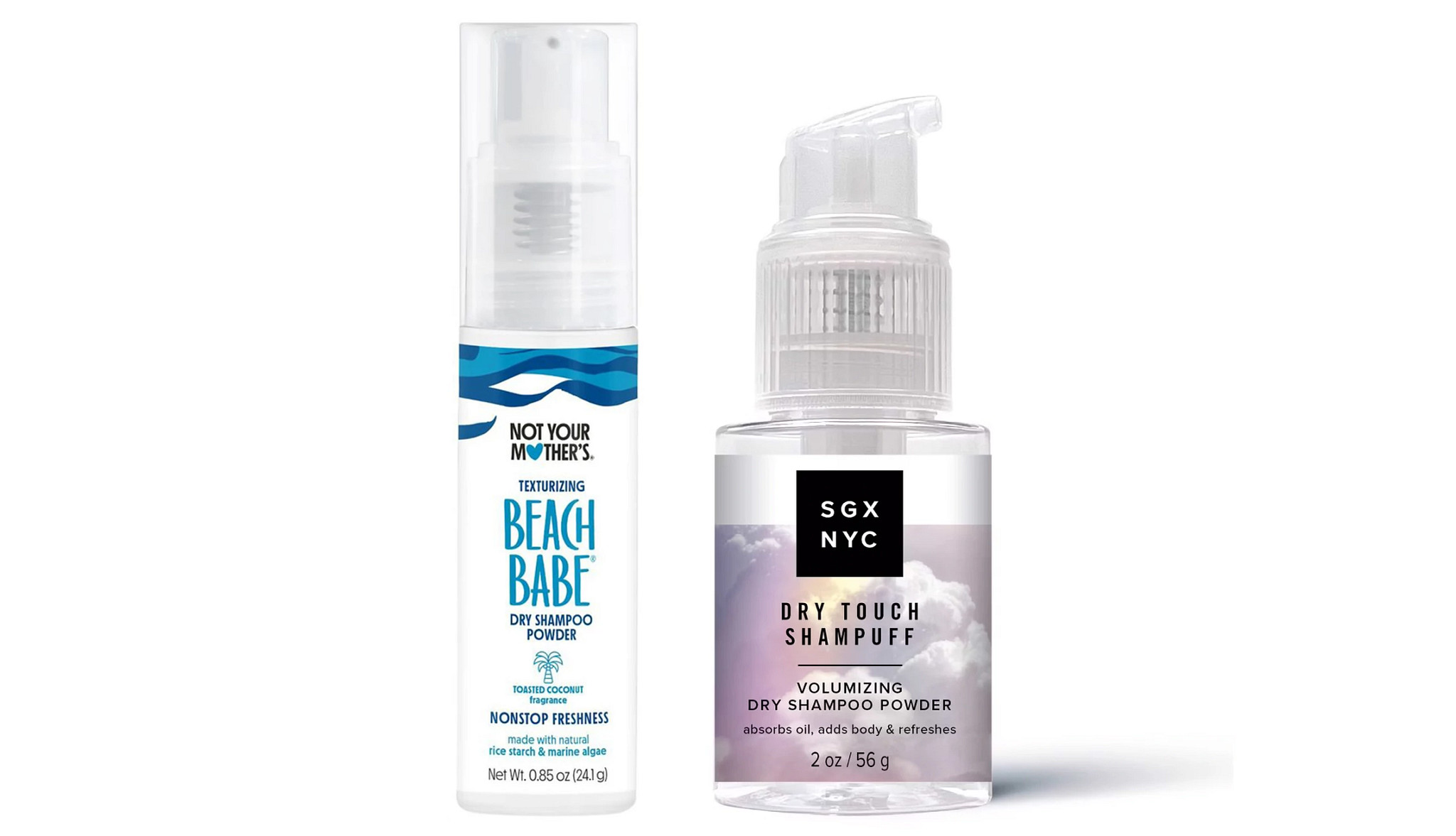 a collage with an image of a bottle of sea salt spray for hair, and a bottle of volumizing dry shampoo