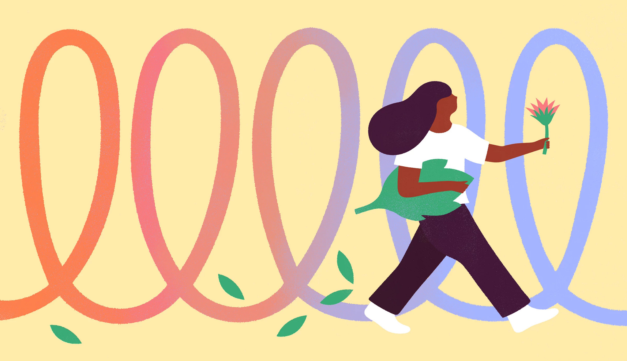 Illustration of a person walking forward while carrying leaves and holding a flower, with colorful looping paths in the background
