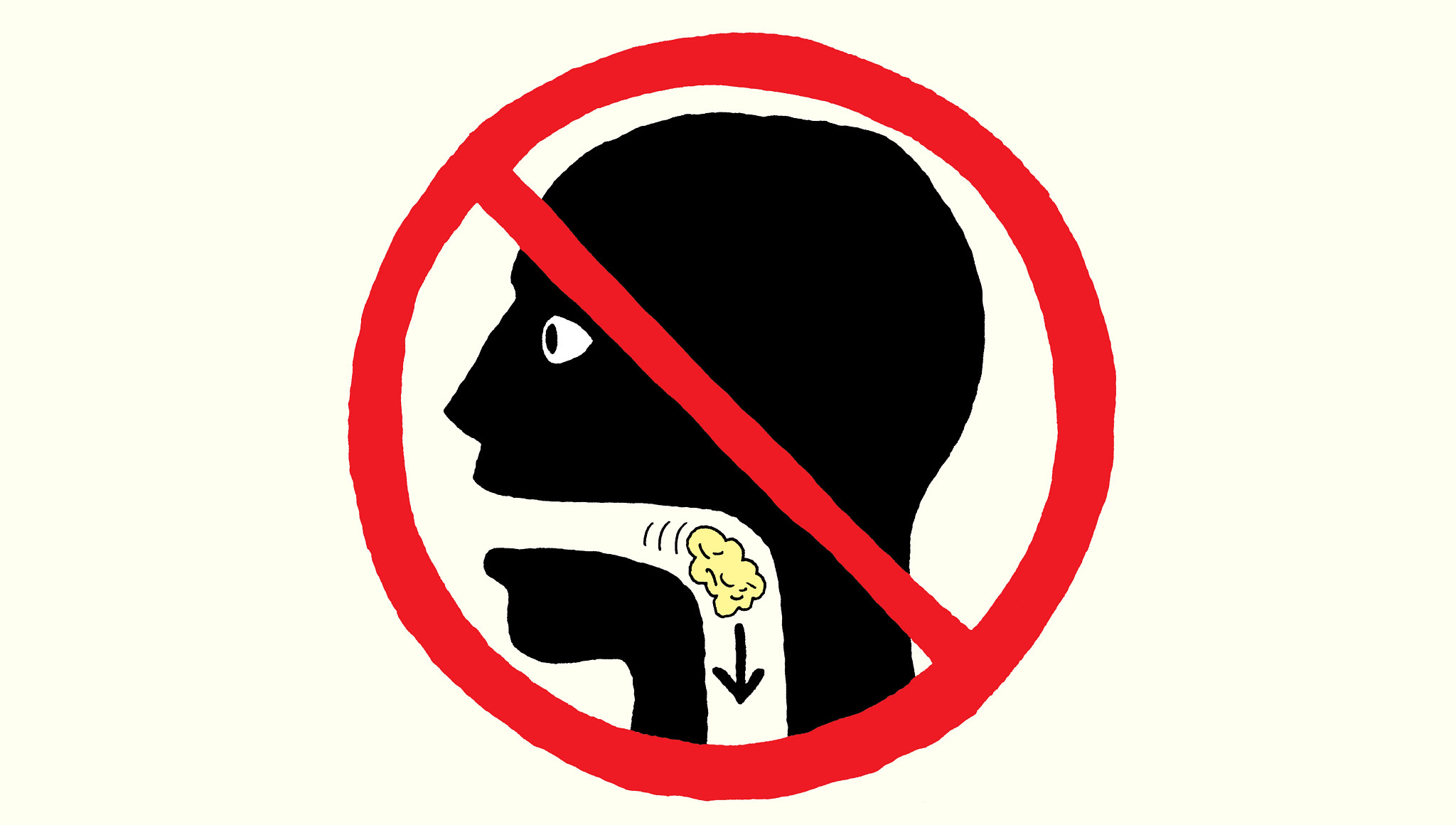 an illustration shows a silhouette of a boy with a white tunnel representing his throat. There is gum in his throat pipe. There is a red ‘no’ symbol superimposed on the silhouette