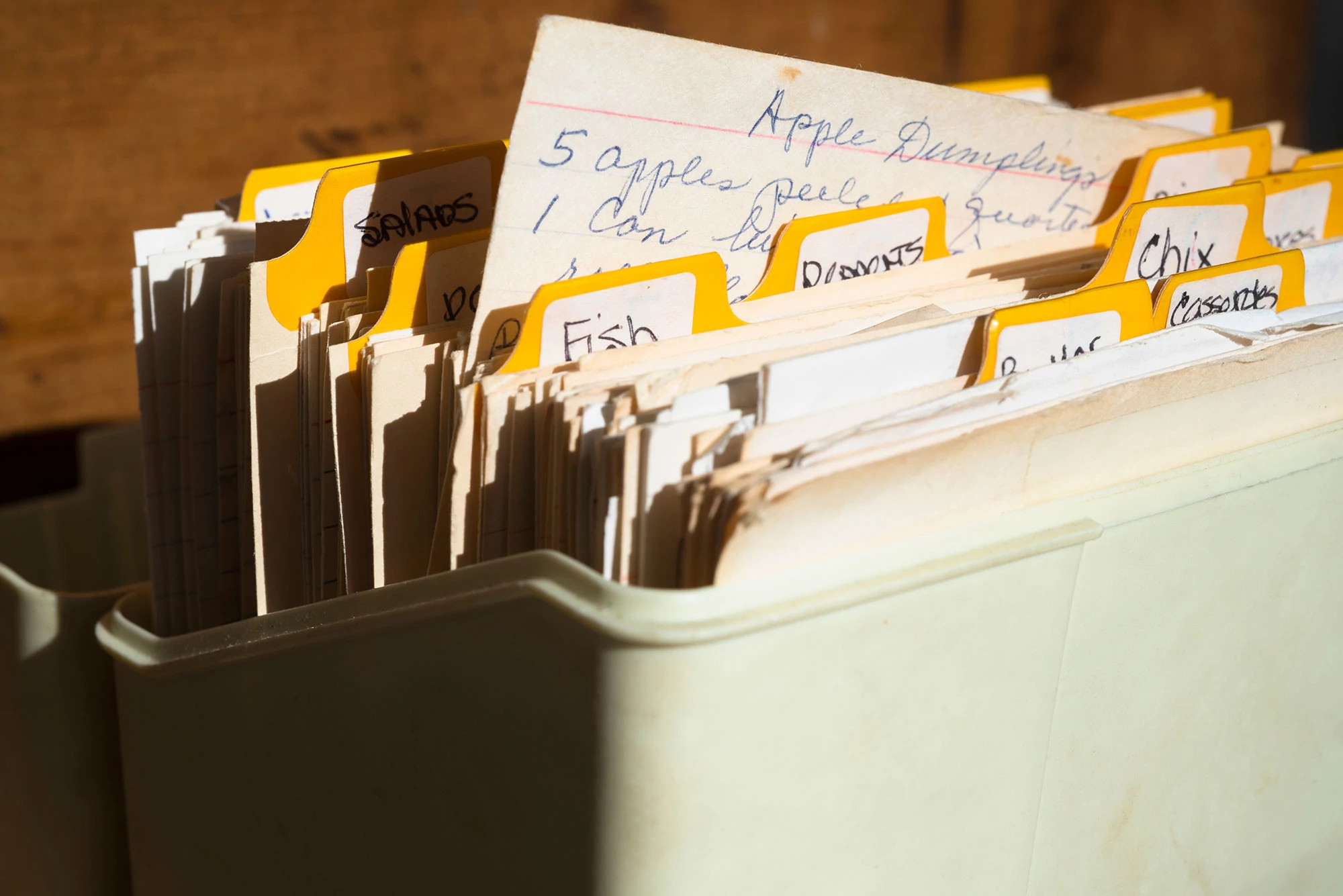 Close up detail of vintage recipe box