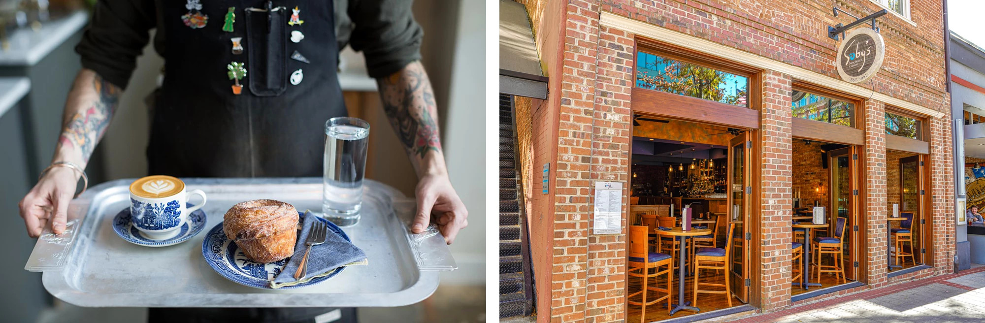 Split image with hands holding tray with coffee and pastries on left and exterior brick restaurant with open doors on right