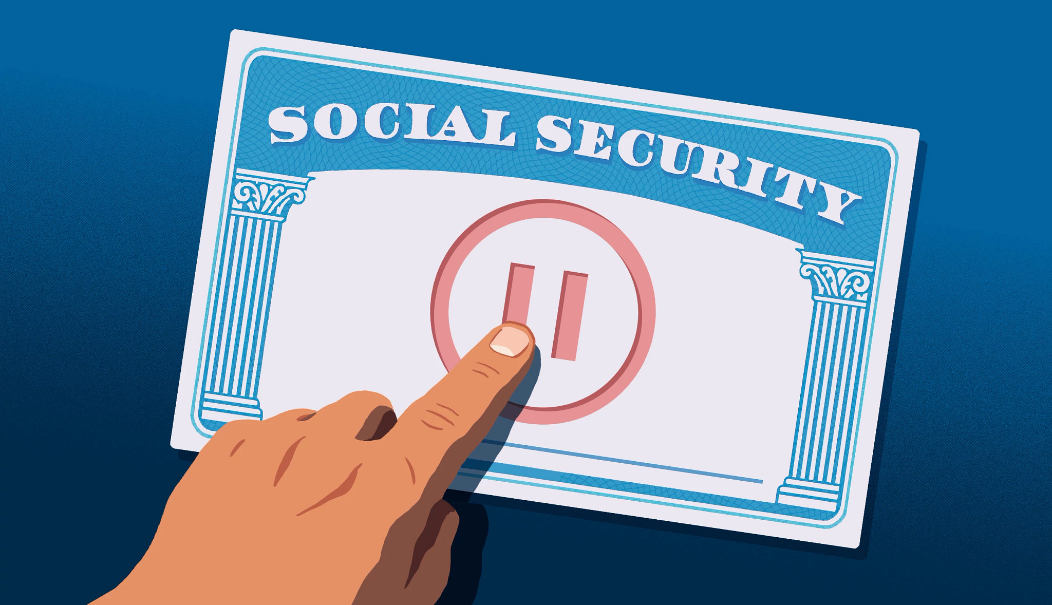 A social security card pictured with a pause button, highlightedin red.