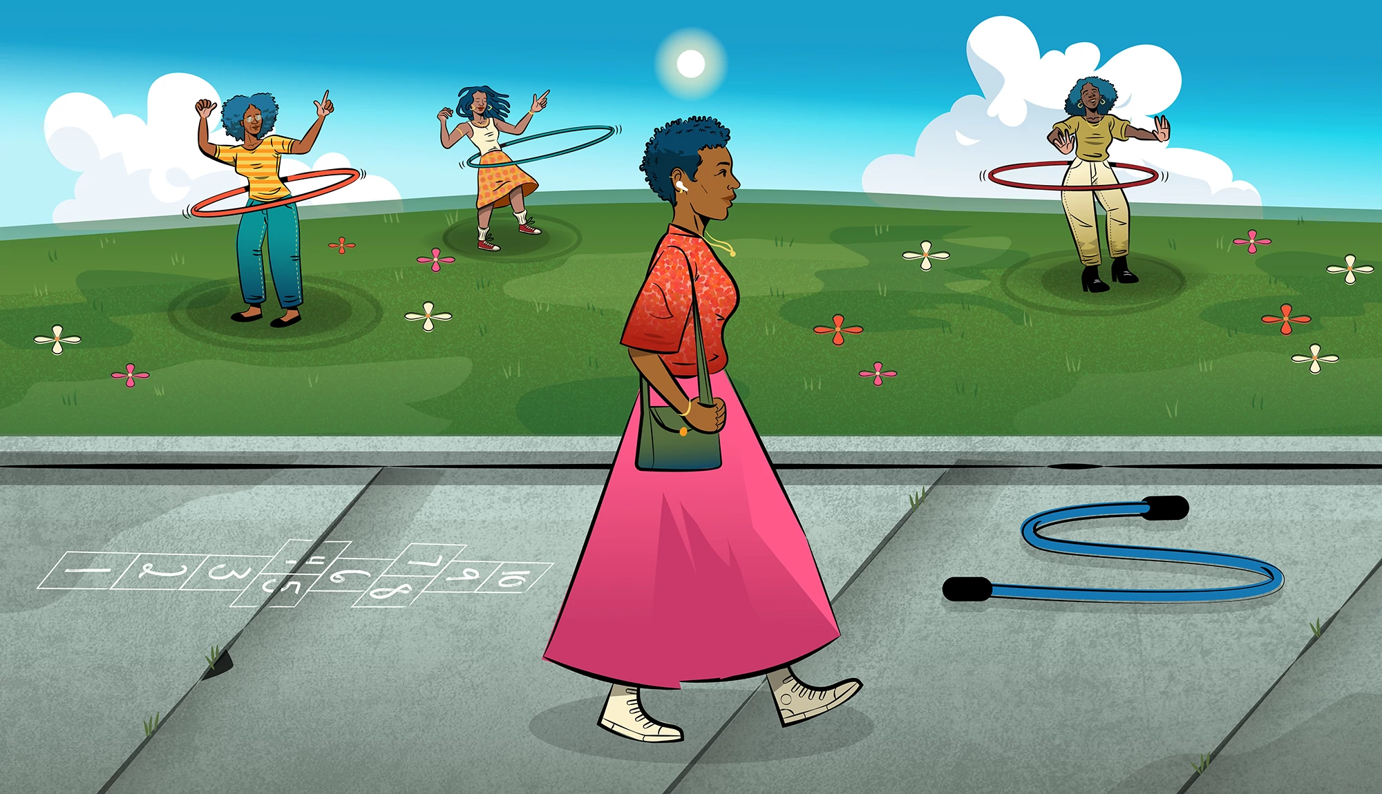 illustration of woman walking on a sidewalk past three women hula hooping