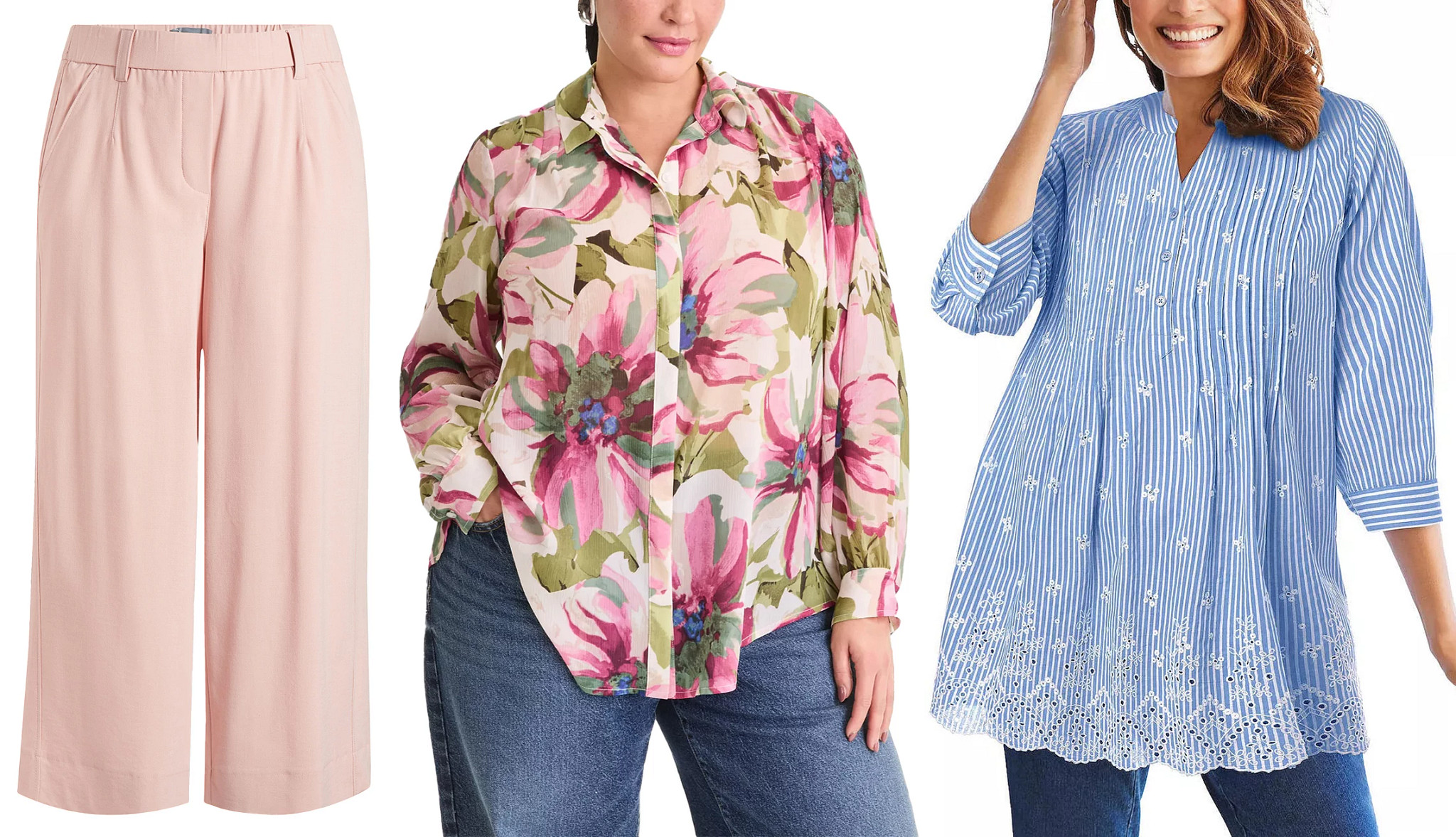 a collage with a pair of blush pink trousers, a model wearing a floral button down blouse and a model wearing a striped blue and white cotton top