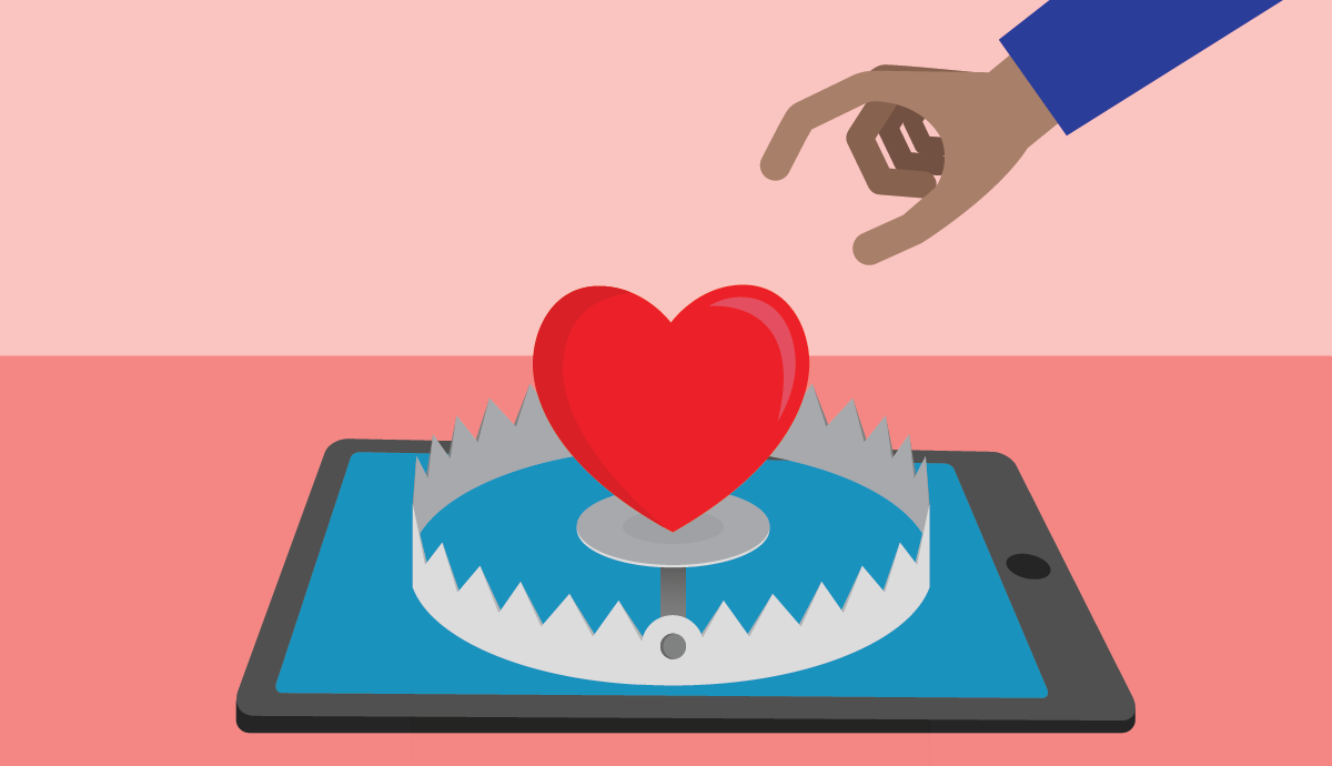 An illustration of a hand reaching for a heart coming out of the screen of a smart tablet with a bear trap underneath it