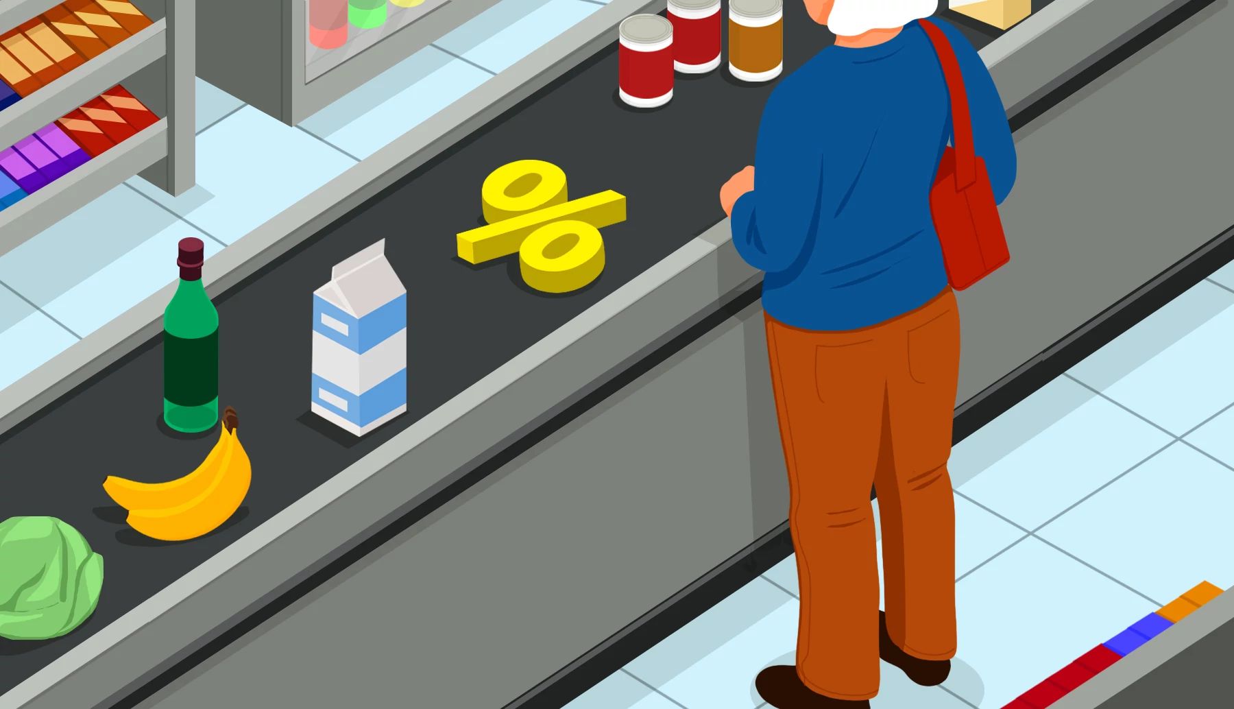 Food Stores Offering Senior Discounts an older adult stands at a checkout line with food on a conveyor belt alongside a percentage sign indicating savings