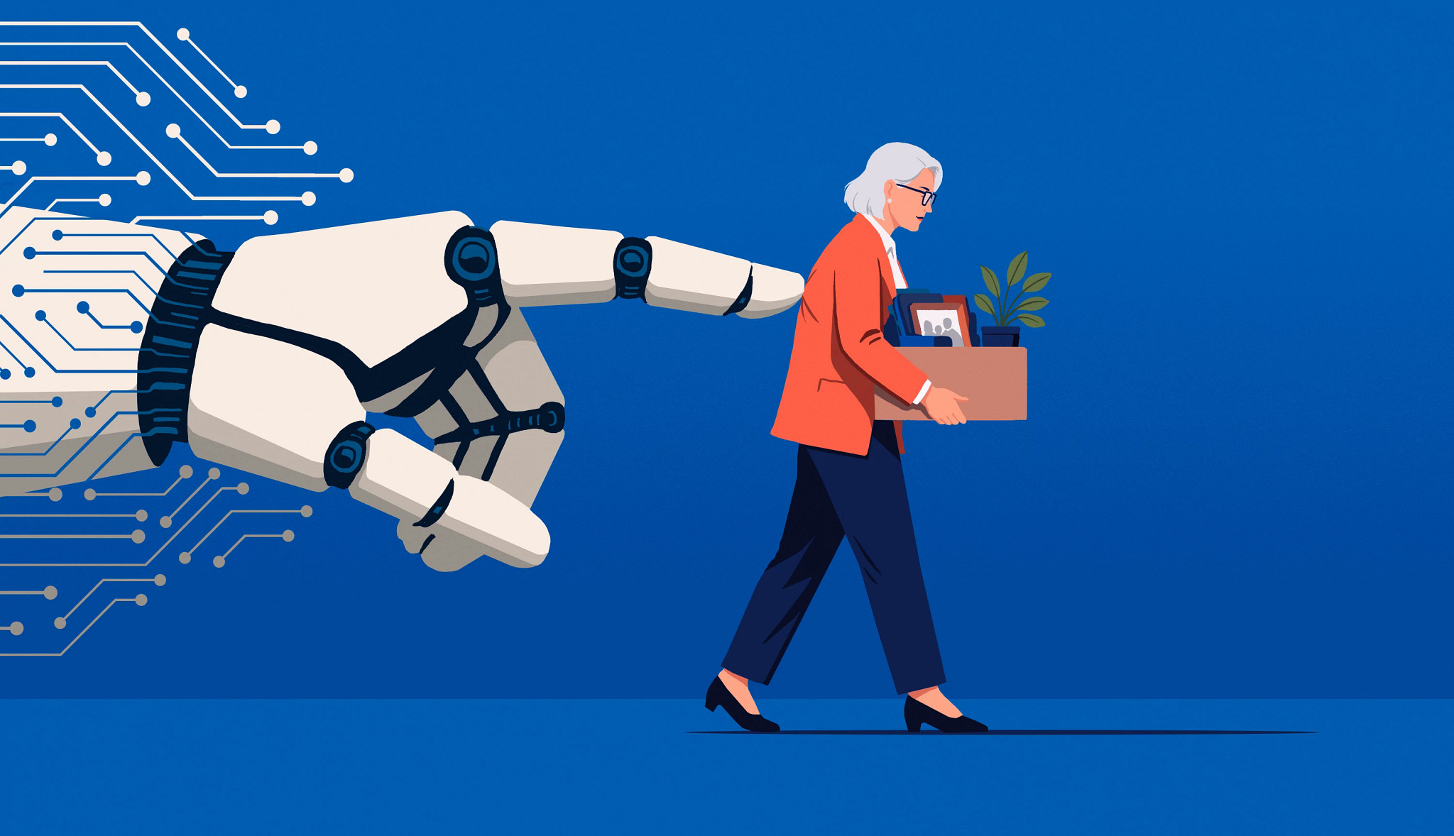 an illustration of a robot hand in the back of a woman who's carrying a box of office items