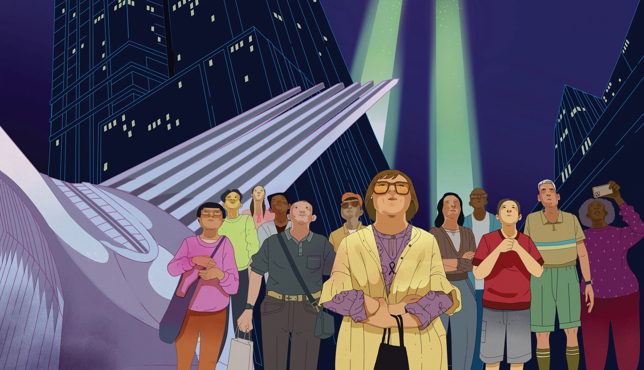 different people looking up into the sky with the new york city skyline all around them