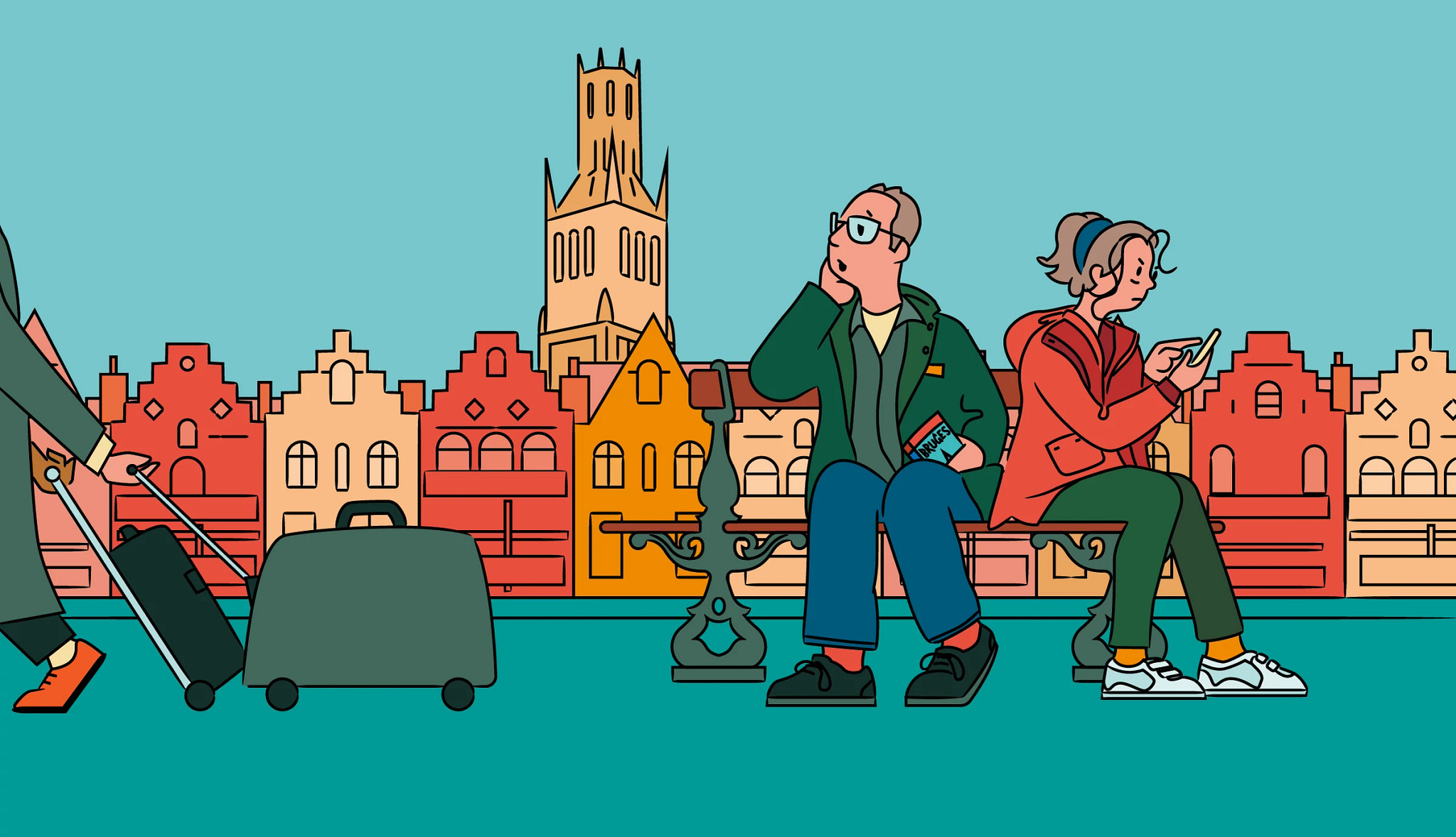 an illustration of a man and woman sitting on a bench in a city while people walk by with suitcases