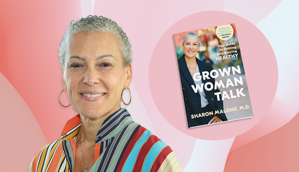 Sharon Marone and her book cover, Grown Woman Talk