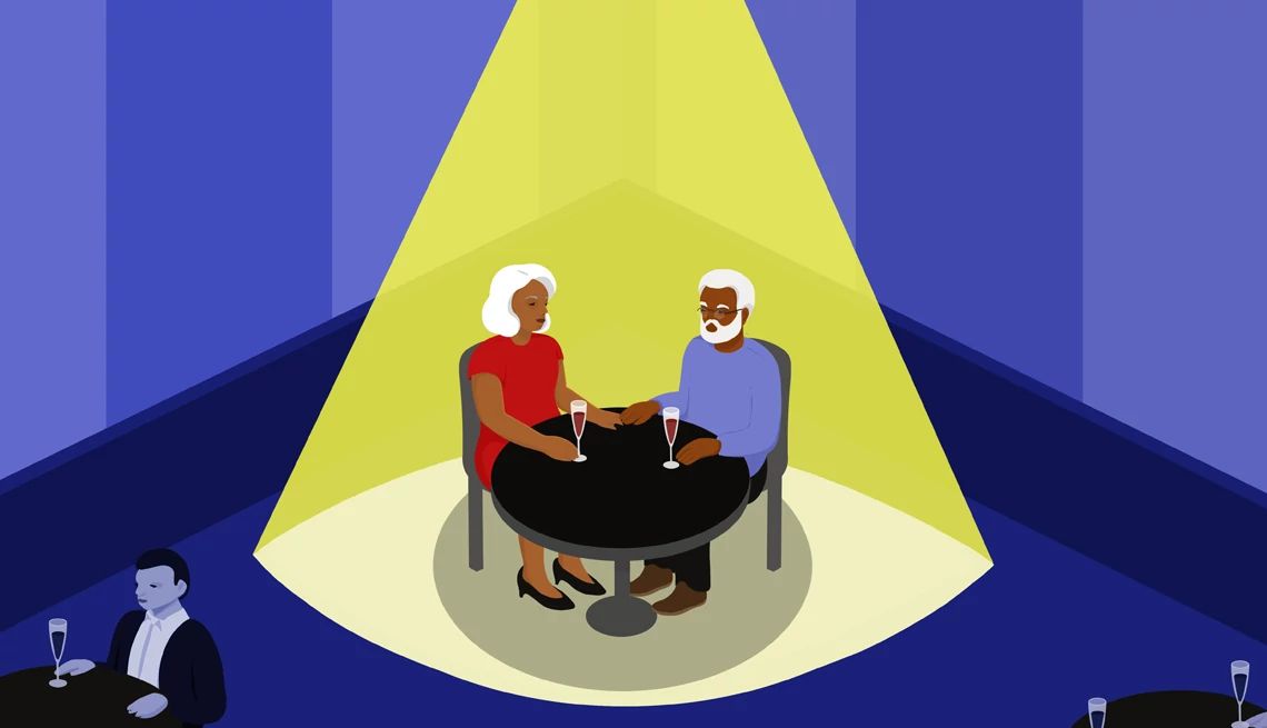 Aug 1 In the Mood Column illustration of a couple having dinner in a restaurant with a spotlight on them