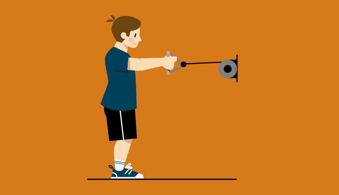 GIF ilustrado de un hombre realizando un remo escapular con cable en una polea montada en la pared