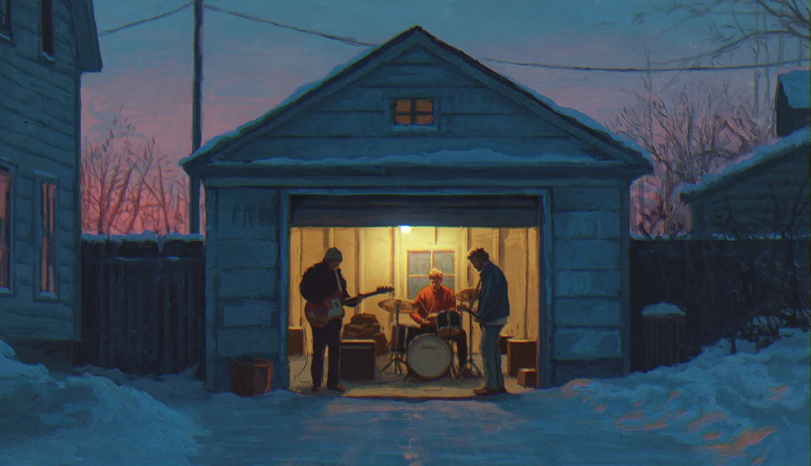 an illustration of a nighttime winter scene with a band practicing in a garage