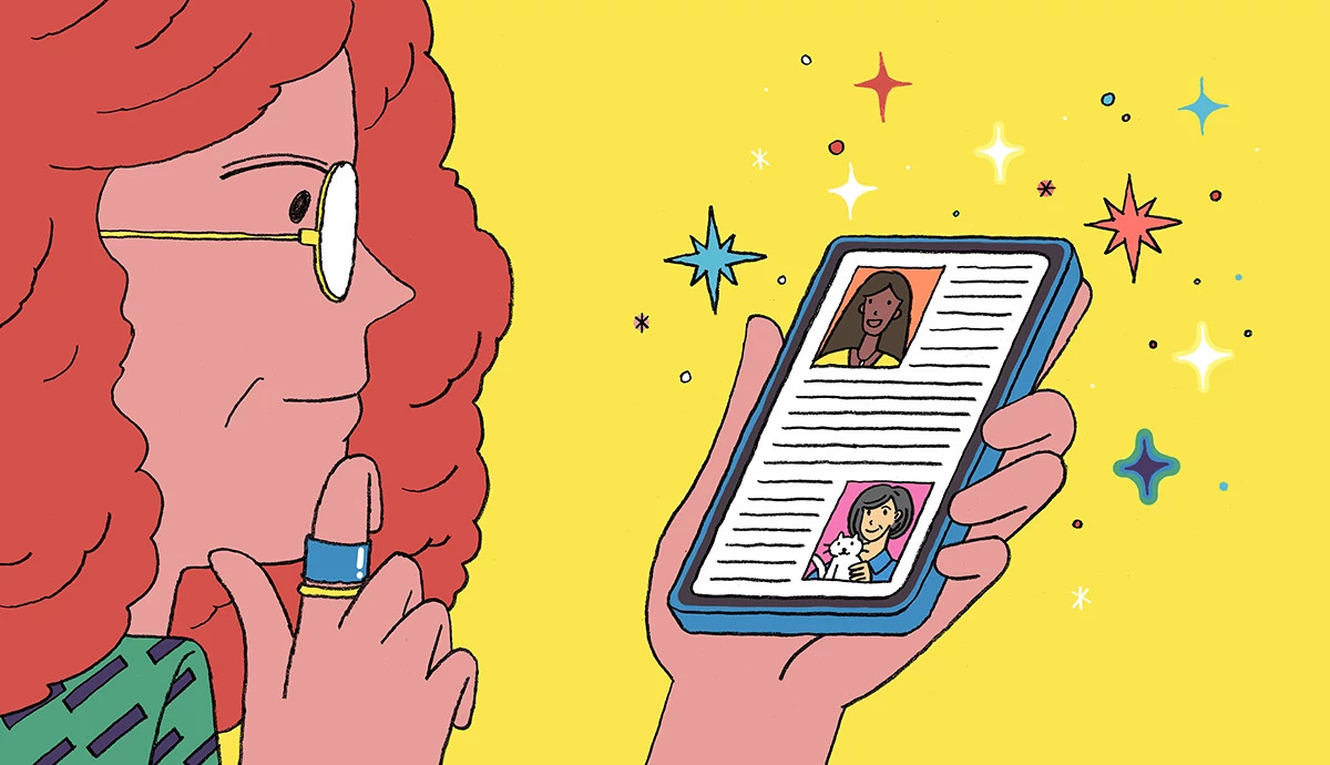 Illustration of a woman looking at a phone