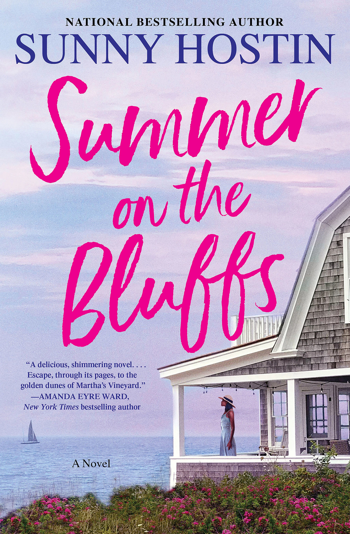 Book cover of Summer on the Bluffs by Sunny Hostin showing a coastal home overlooking the ocean