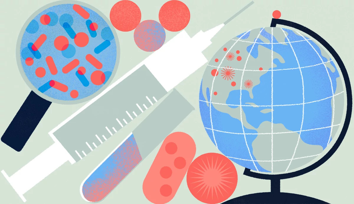 medical illustration featuring a magnifying glass over viral cells, a vaccine syringe, and a globe showing red outbreak spots over North America. Abstract red and blue pill shapes are scattered around the central healthcare icons