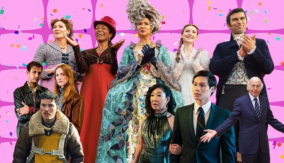 Favorite streaming shows of the first half of 2024 Collage of characters from Bridgerton, Curb Your Enthusiasm, Drops of God, Masters of the Air and The Sympathizer