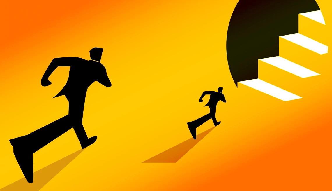 an illustration of men in suits running toward stairs