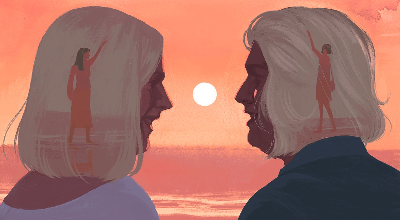 illustration of 2 female friends talking as the sun sets