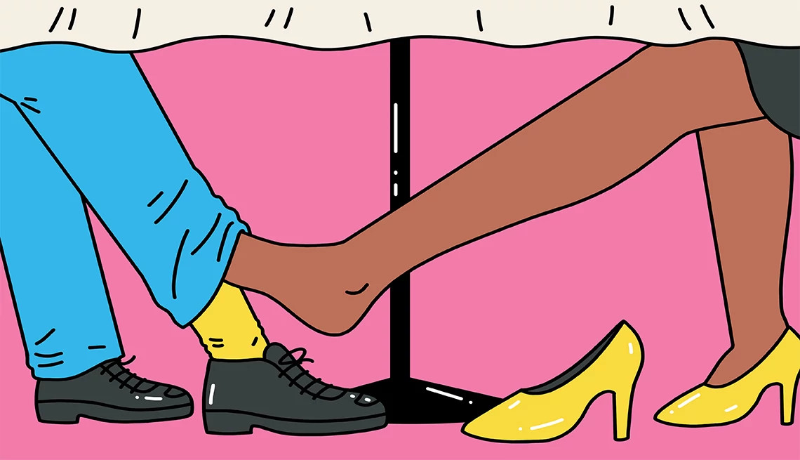 illustration of two people's legs under a table with a pink background