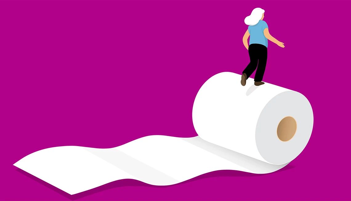 UTIs and Intimacy An illustration shows a woman standing atop a giant roll of toilet paper, which is unspooling behind her.