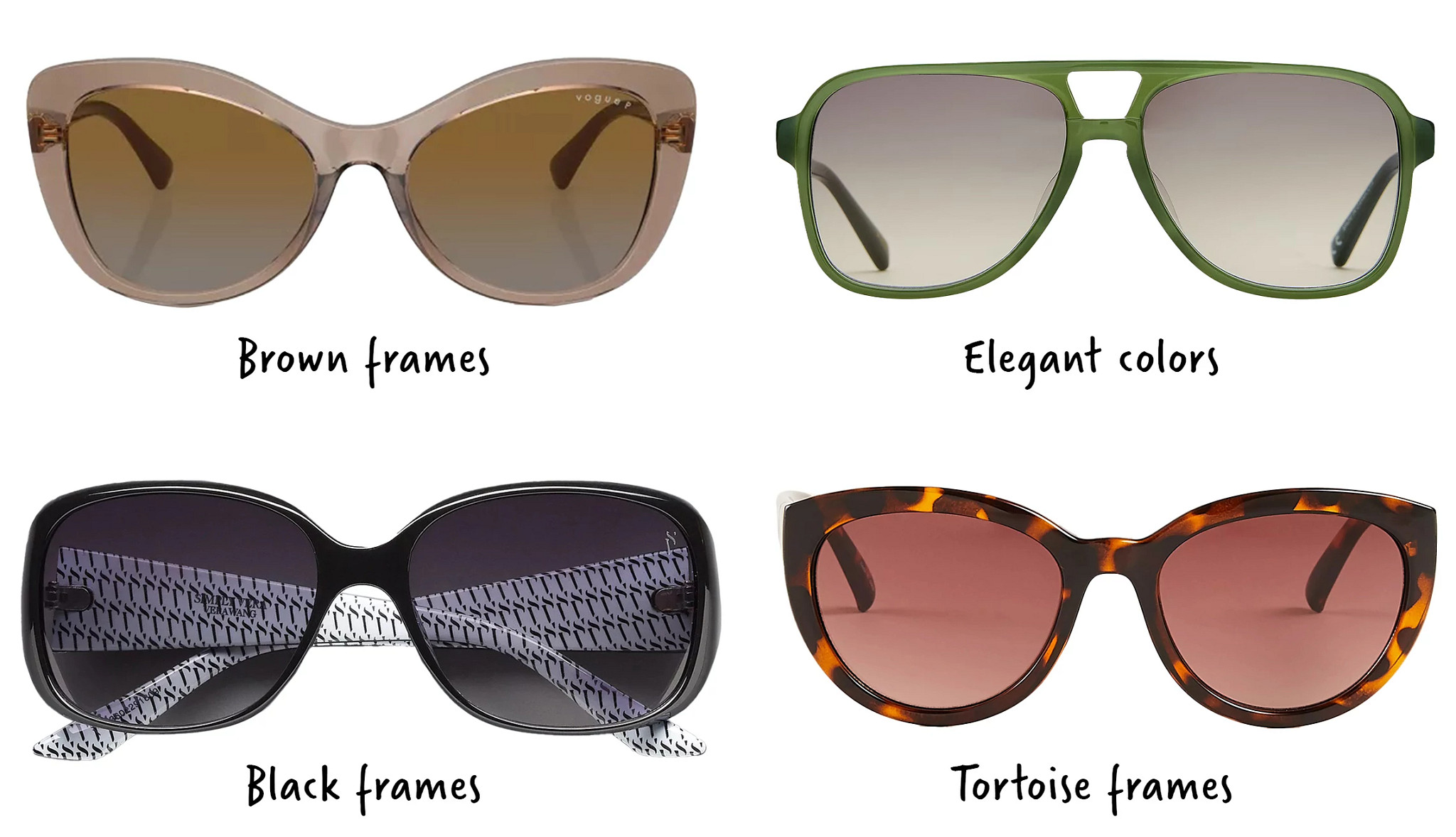 a collage with labeled examples of different colors of sunglass frames