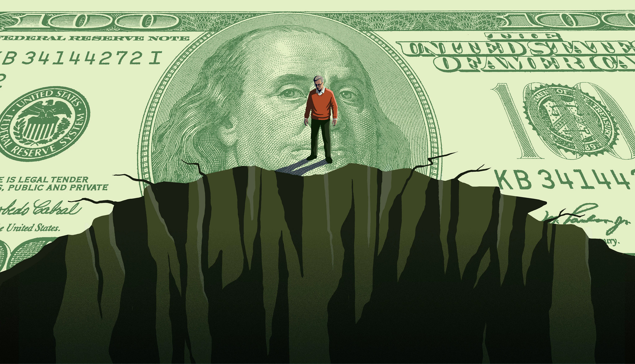 a figure stands at the edge of a one hundred dollar bill breaking off like a cliff