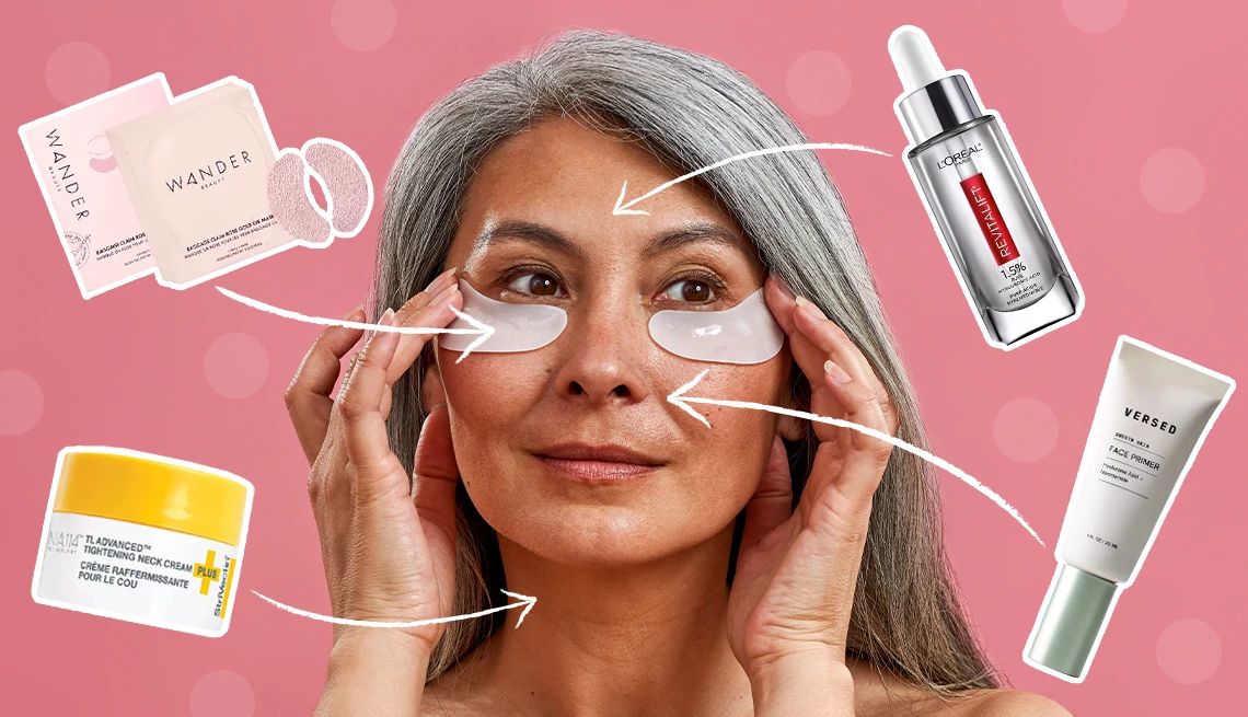 Wrinkle Management Tips a person's face with superimposed images of beauty products and arrows pointing to the parts of the face where they're used