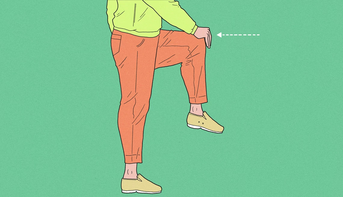 An illustration of a person with their right hand on their left knee