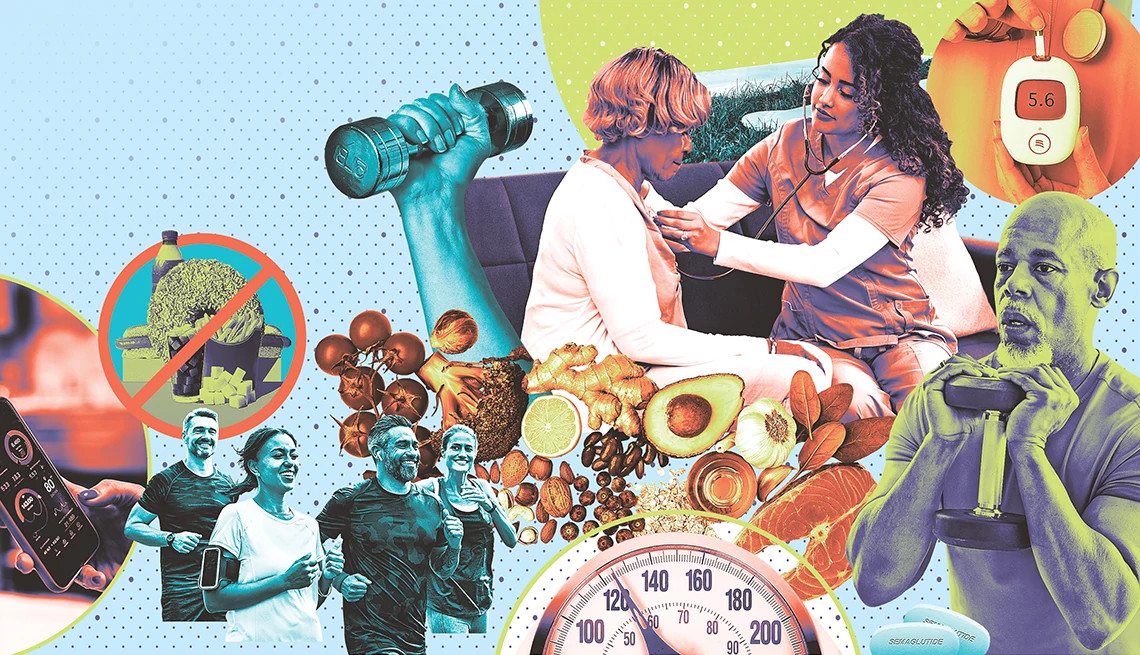 A colorful collage of older adults exercising and eating healthy alongside medical tools like a glucose monitor and semaglutide pills, illustrating modern diabetes breakthroughs.