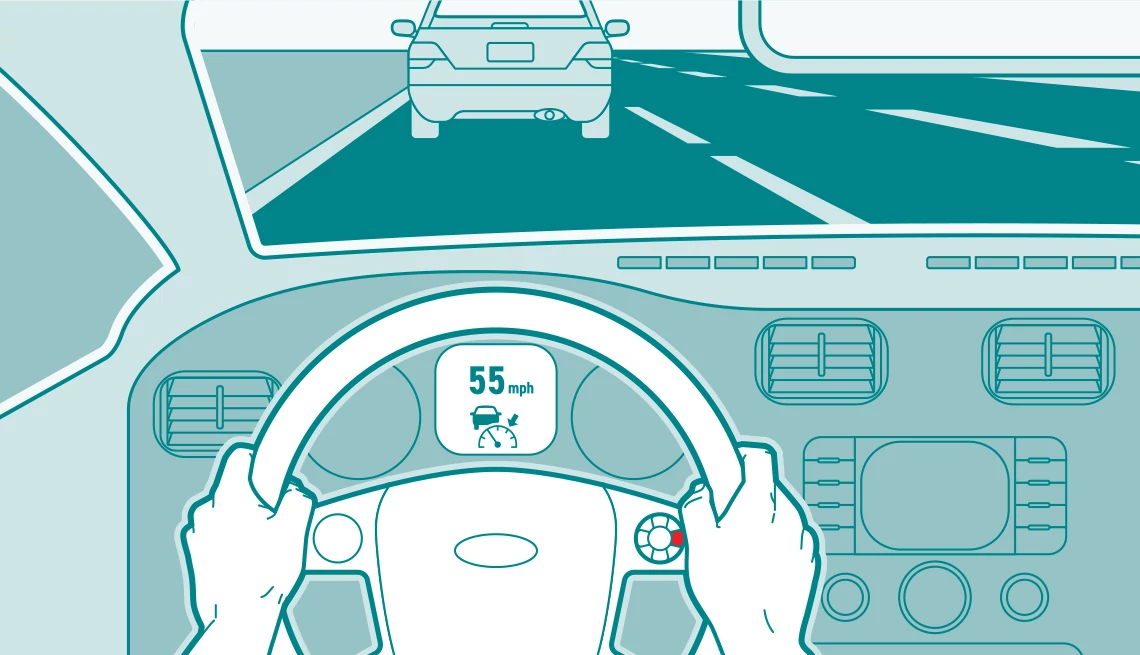 what to know about adaptive cruise control an illustration of someone driving a car from a pov position