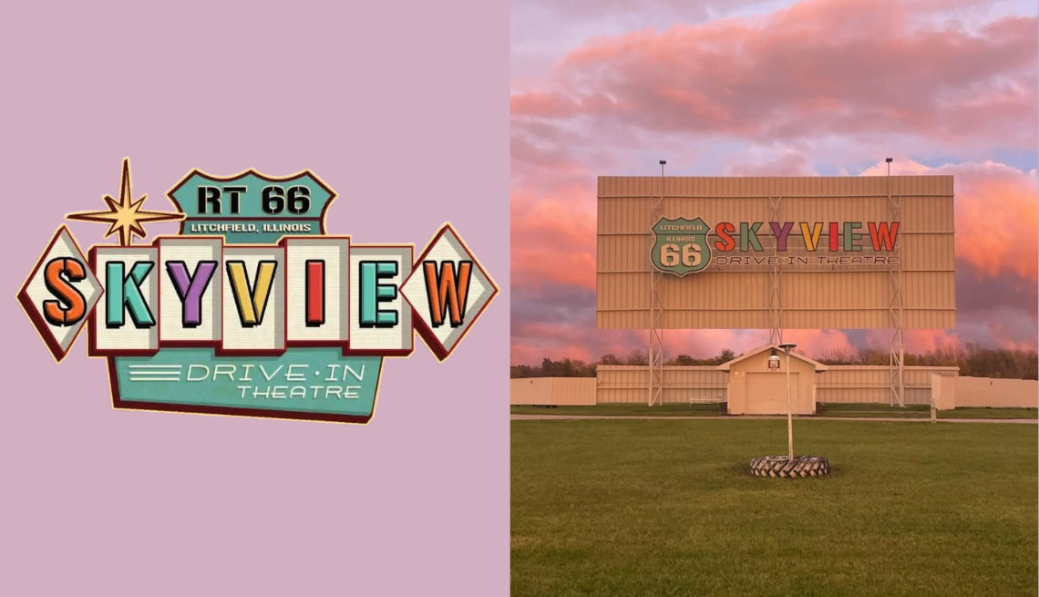 a split image with the route 66 skyview drive in sign