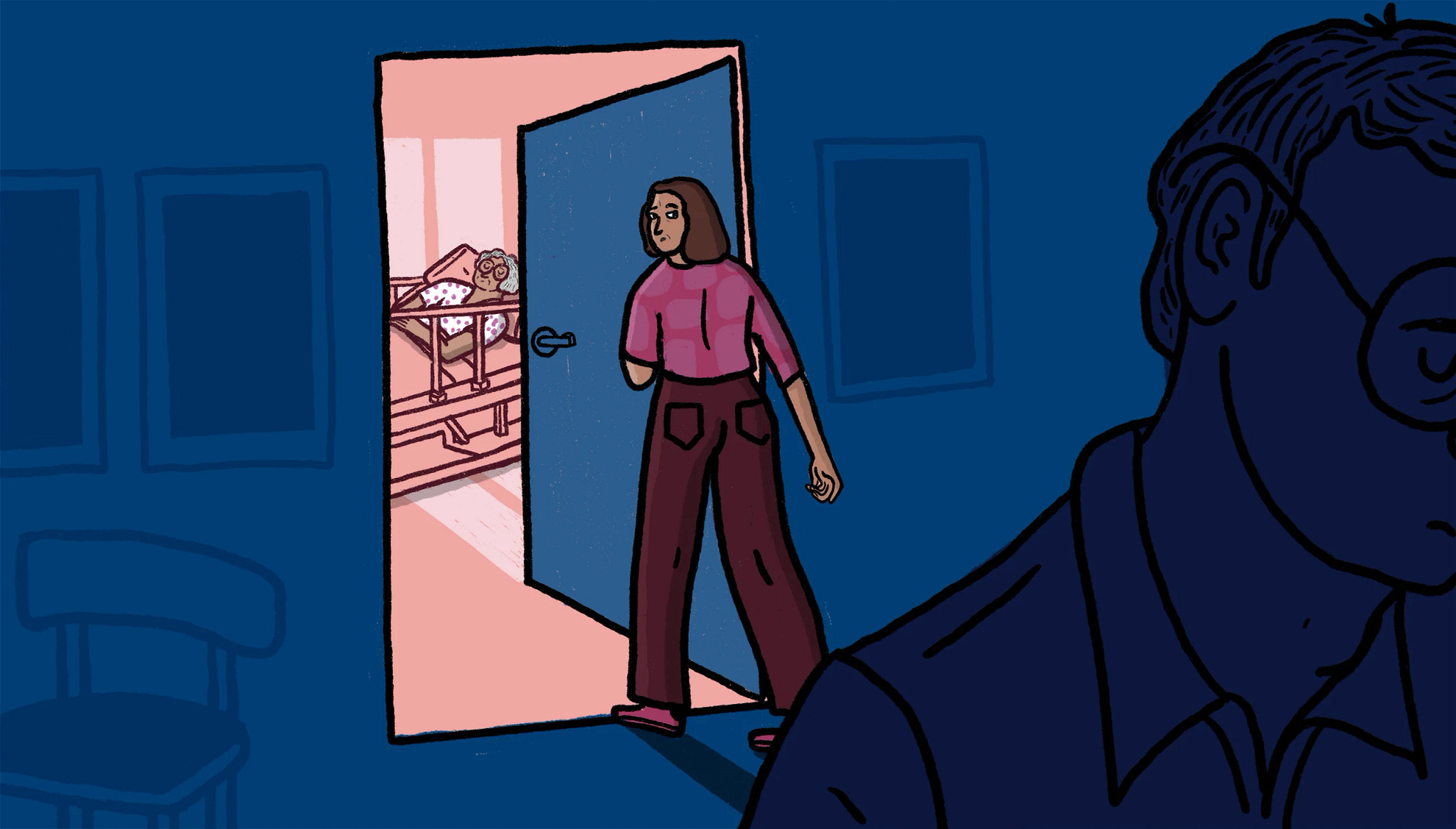 a woman looks through a door at someone laying in bed while a man walks away into the dark