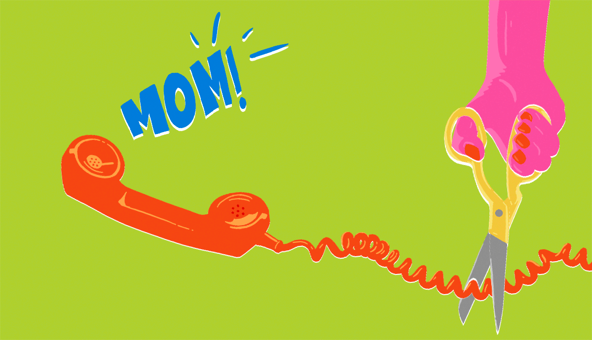 gif illustration of hand cutting phone cord of adult child calling for mom