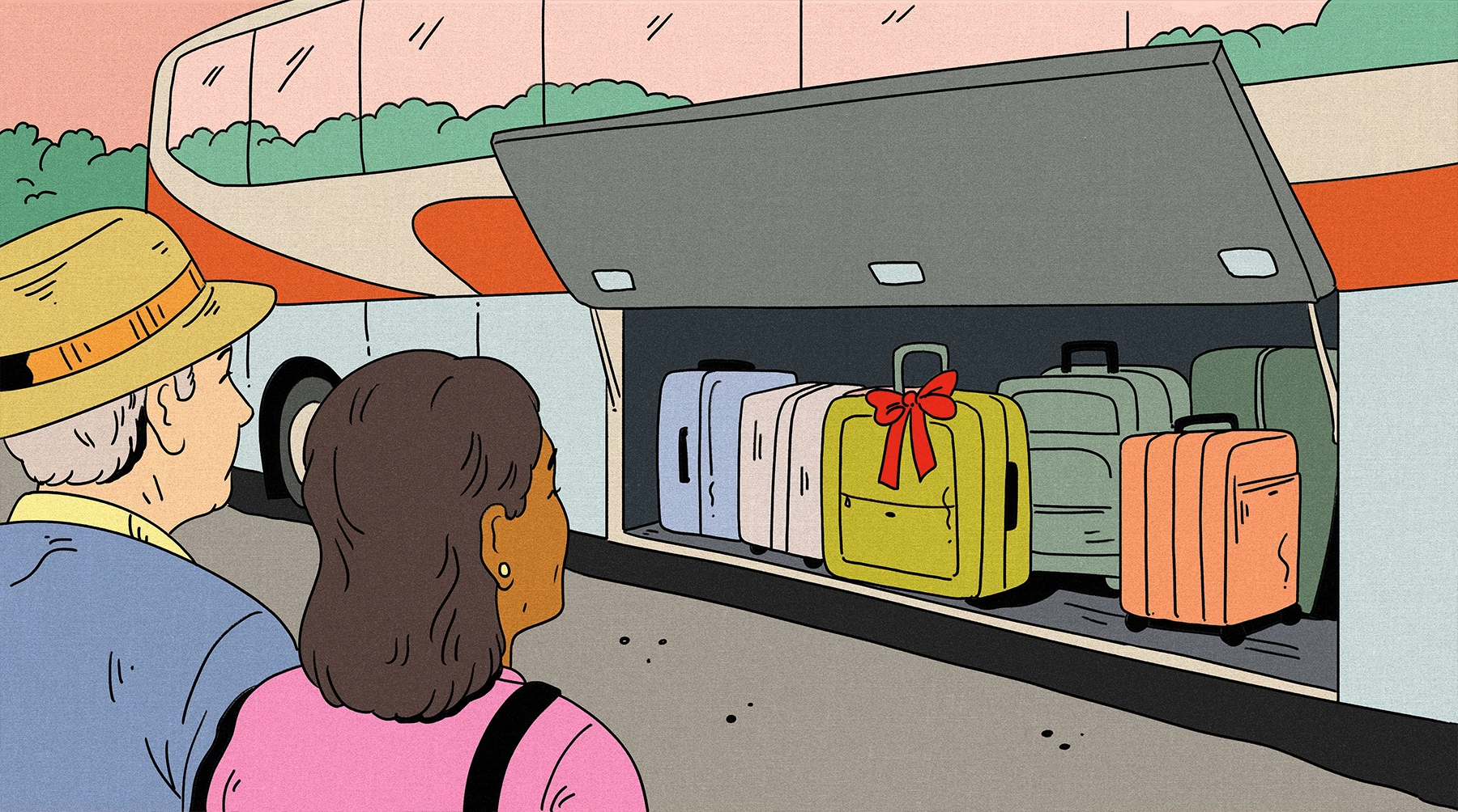 an illustration of travelers looking at bags in bus storage
