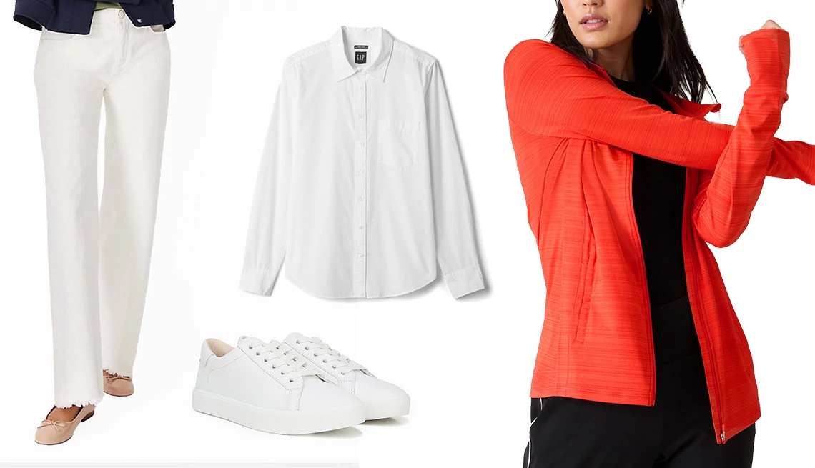 A white shirt with a bright hoodie white pants and white sneakers Ann Taylor Weekend Frayed Mid Rise Wide Leg Jeans in Ivory; Gap Organic Cotton Perfect Shirt; Pacifica Illume UPF Relaxed Jacket in Poppy; Sam Edelman Ethyl Low Top Sneaker in Bright White Leather
