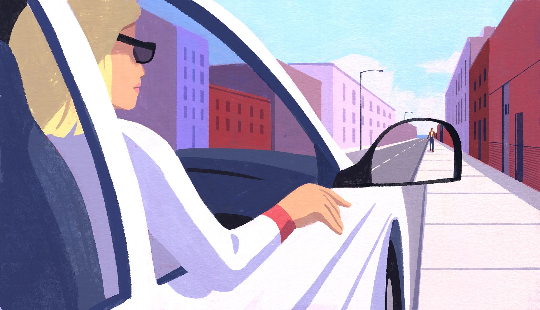 Going Rogue by Janet Evanovich Chapter 3  illustration of a blond woman with sunglasses partially visible in the passenger side of a white car on a quiet street with buildings on either side, and a person visible in the sideview mirror