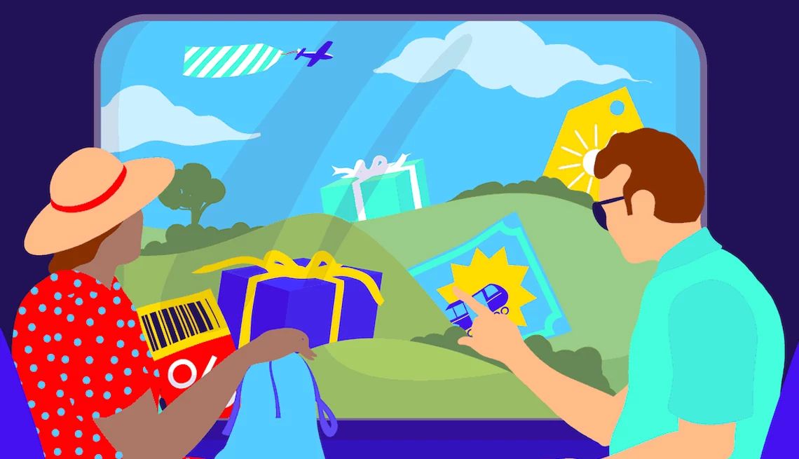 travel discouonts for older adults illustration of a couple looking at a screen showing gift boxes and an airplane in the sky