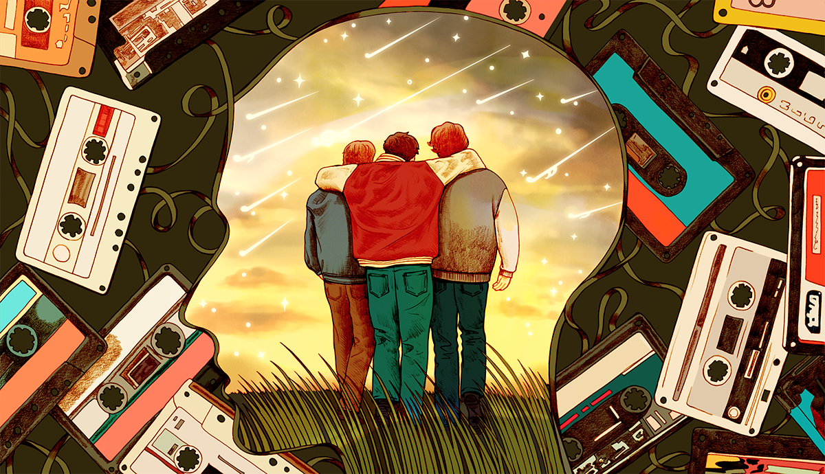 an illustrated collage shows the outline of a male head. Inside the head, three friends are walking into a golden sunset. Surrounding the head are a plethora of cassette tapes unspooling 