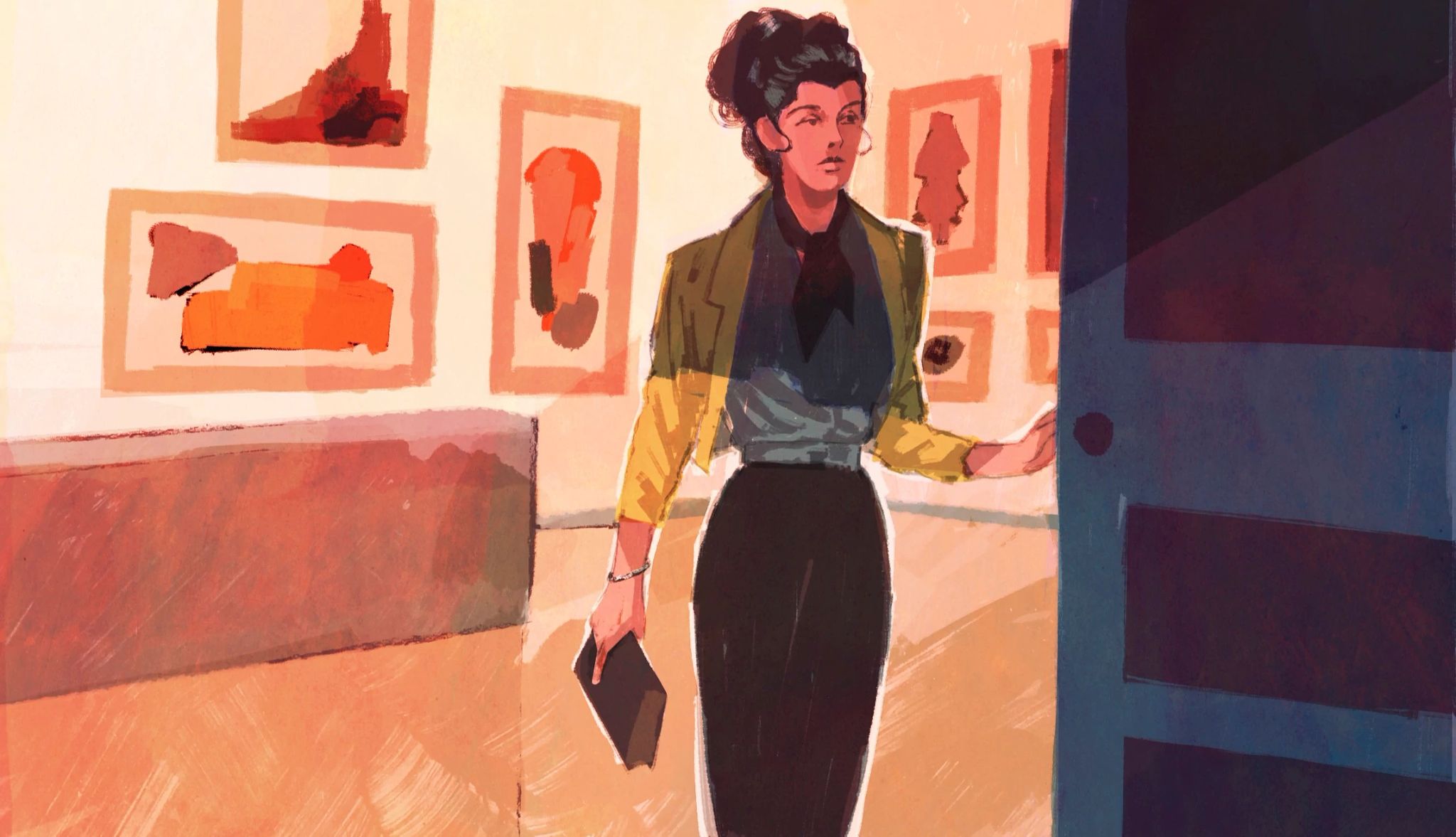‘The Christmas Mystery’ Chapters 15-19 An illustration of a woman standing in an art gallery, holding a book in her hand