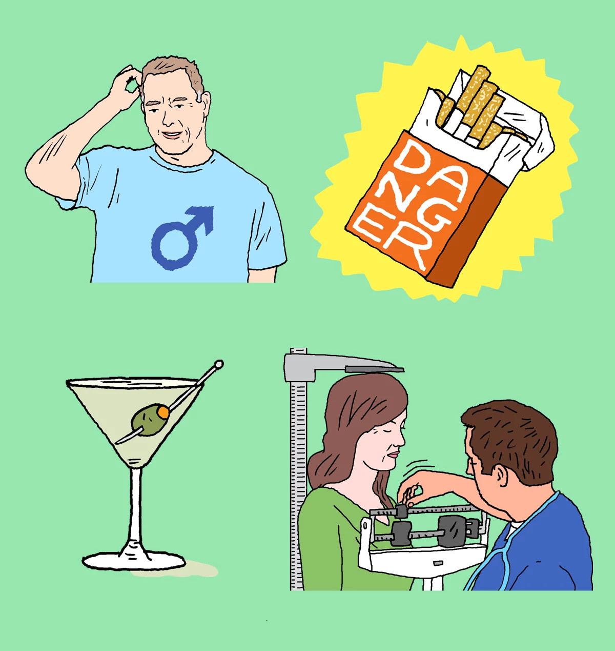 Cartoon graphic representing different lifestyle factors such as smoking, alcohol, and BMI that influence biological aging.