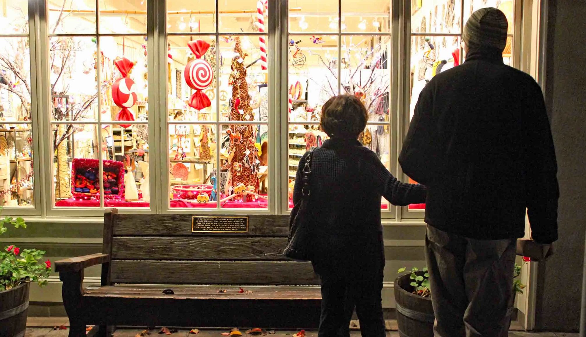 Petaluma, California people looking into a christmas store